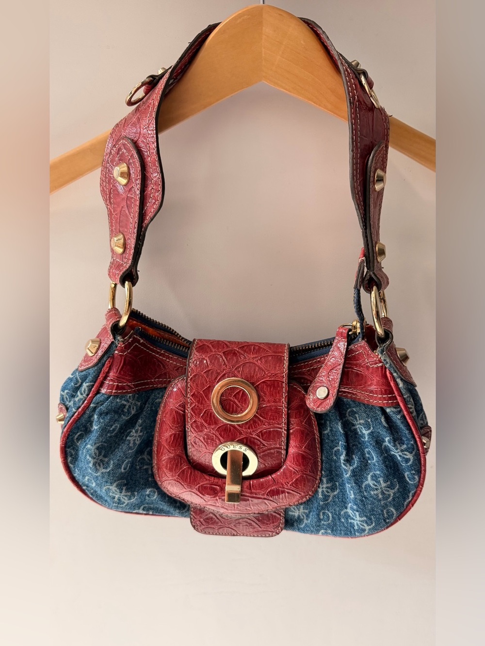 Vintage Y2K GUESS Denim Monogram Shoulder bag Genuine leather croc Embossed